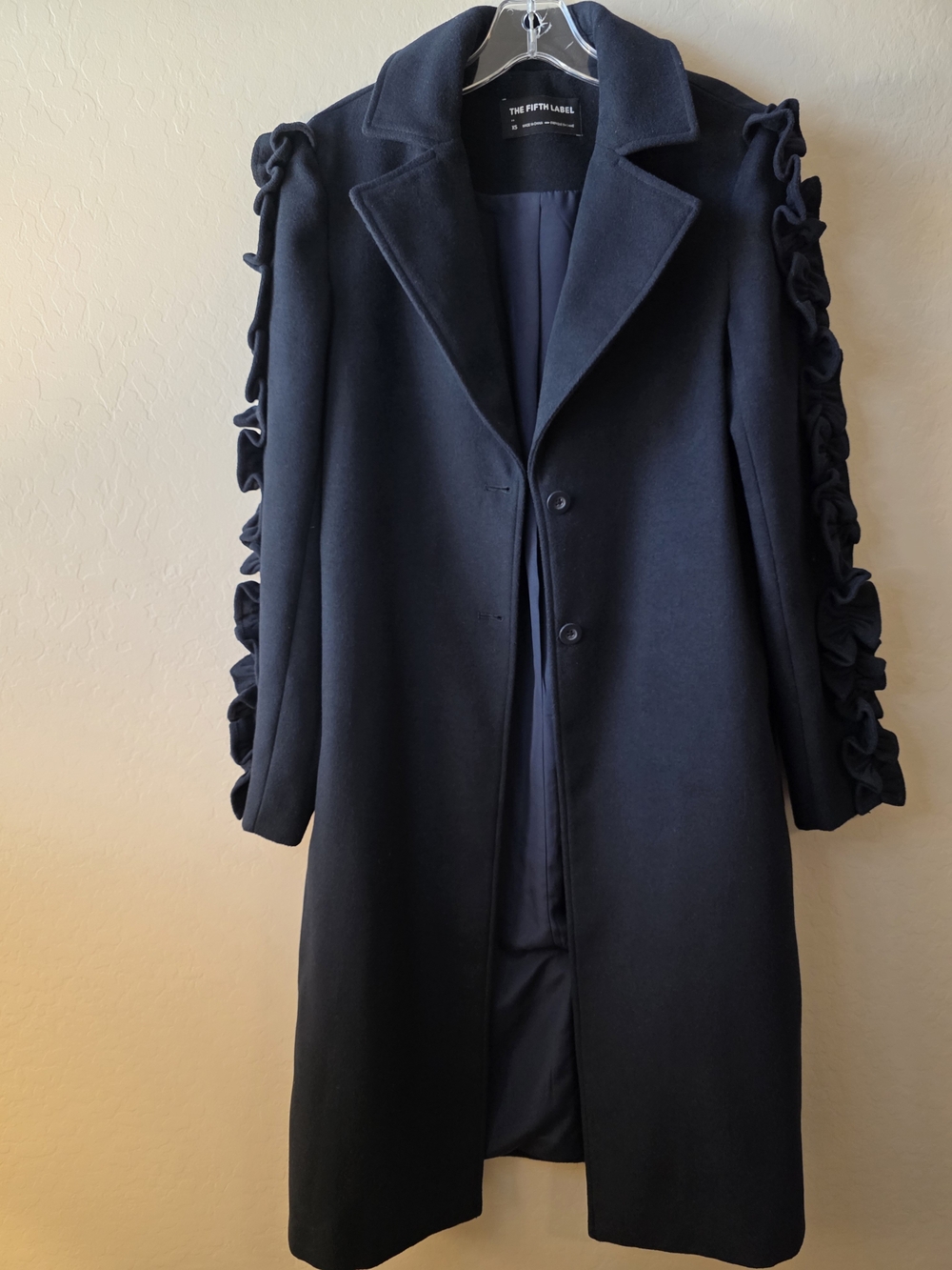 The Fifth Label Navy Wool Blend Ruffle Sleeve Coat